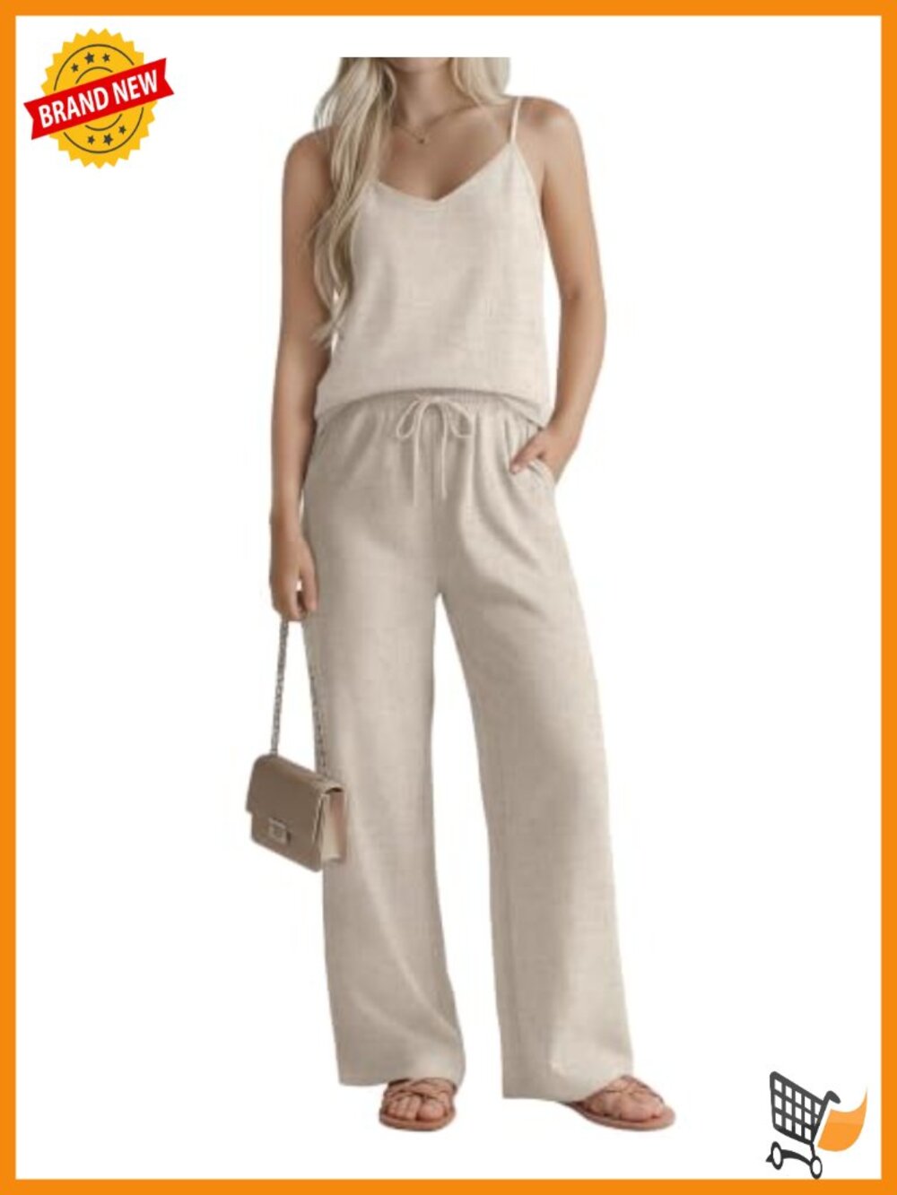 Linen Tank Top & Pants Set Sleeveless V-Neck High Waist Loose Fit Summer
